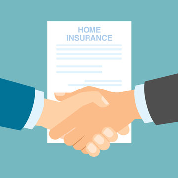 Home insurance handshake. Protection from destraction, fraud and risks. Making agreement and contract.