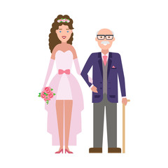 Isolated bride with father on white background. Happy moment near wedding altar. Young bride with old spouse.