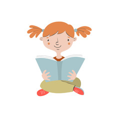 Vector cartoon illustration of girl reading open book sitting on floor. Cute child character. - 119976273