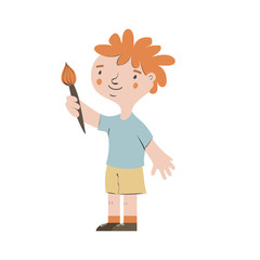 Smiling kid artist painting and holding brush. Cute vector character. Cartoon illustration.