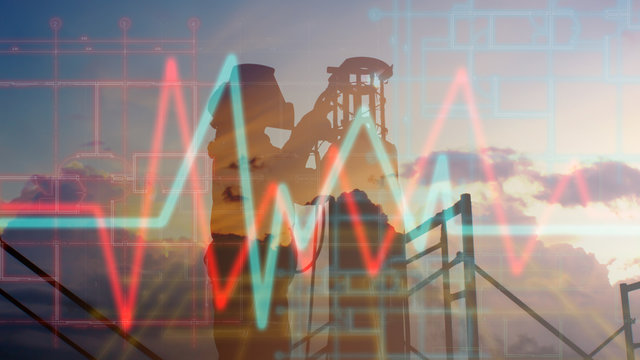 house plan and market data graph graphic idea with  scaffolding in the construction background.  - Powered by Adobe