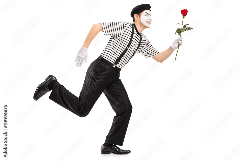 Poster Mime artist running and holding a rose flower