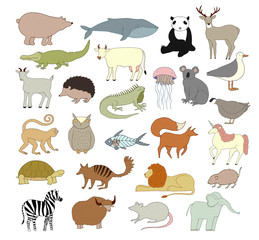 Мector animal collection isolated on a white background. Collection of cute cartoon animals, birds and sea creatures. Alphabet illustration.  Hand drawn illustration made in vector.