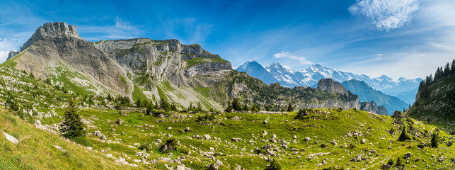 Panorama-Aufnahme mit Blick auf Eiger, Mönch und Jungfrau von der Schynige Platte