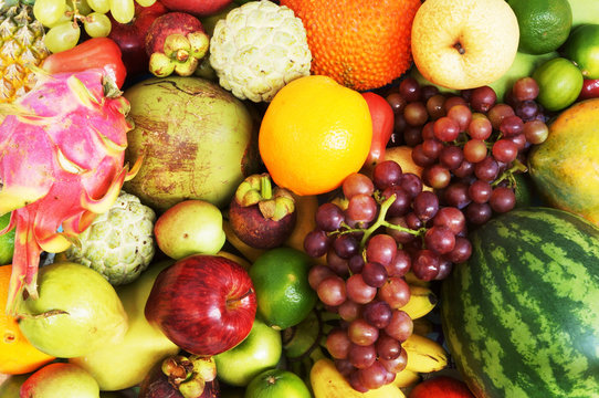 Many fresh fruits mixed, fruits background