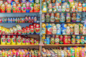 Fototapeta na wymiar Display of colorful russian dolls (matriockkas) in Russia