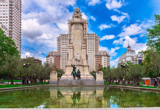 The Cervantes monument and Edificio Espana (Spain Building) on Square of Spain (Plaza de Espana) in Madrid, Spain