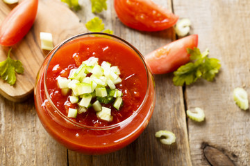 Tomato gazpacho soup with fresh cucumbers