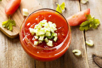 Tomato gazpacho soup with fresh cucumbers