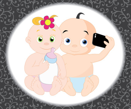 Couple of baby taking selfie with milk bottle, vector illustration