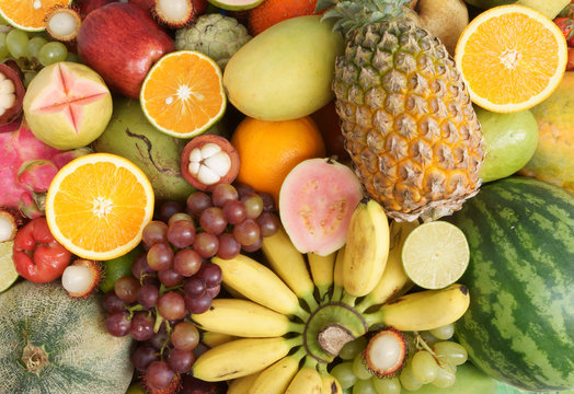 Many fresh fruits mixed, fruits background