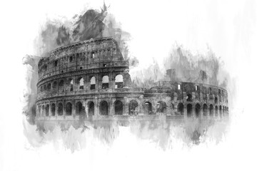 Naklejka premium Akwarele monochromatyczne przedstawiające Koloseum
