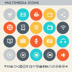 Multimedia icons. Multicolored flat buttons