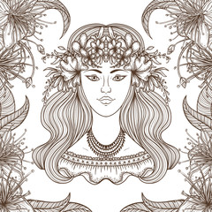 Portrait of gypsy woman with flower around head. Boho style fashion. Vector illustration.