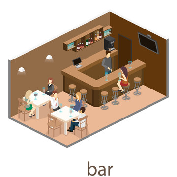 Isometric 3D flat interior of bar or pub.
