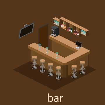 Isometric 3D flat interior of bar or pub.