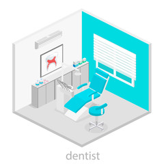 Isometric dentist office. Dentistry and doctors office, dental and medical, health oral, mouth healthcare illustration