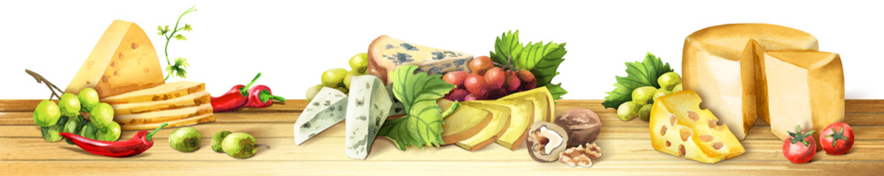 Panoramic image of cheese and grapes on a white background. Can be used for kitchen skinali. Watercolor