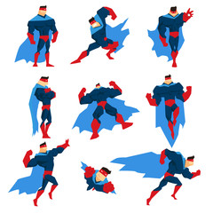 Superhero With Blue Cape In Different Comics Classic Poses Stickers