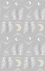 Night forest with county lodge and moon. Vector pattern illustration.