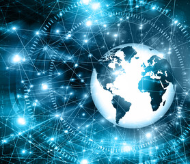 Obraz premium Best Internet Concept of global business. Globe, glowing lines on technological background. Electronics, Wi-Fi, rays, symbols Internet, television, mobile and satellite communicationsblue blur