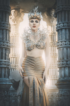 Goddess of sea in coral crown and skirt walking at camera