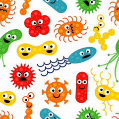 Seamless pattern with cute colorful funny bacterias, germs
