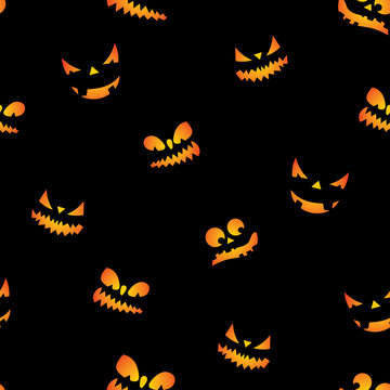 Halloween seamless pattern illustration with pumpkins scary faces on black background.