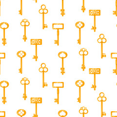 Gold keys seamless vector pattern on white. Vintage cartoon golden key background.