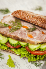Tasty rye bread sandwiches with roast meat and vegetables