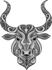 Hand drawn colorful ornate doodle bull head illustration