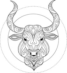 Hand drawn ornate doodle bull head illustration for coloring book