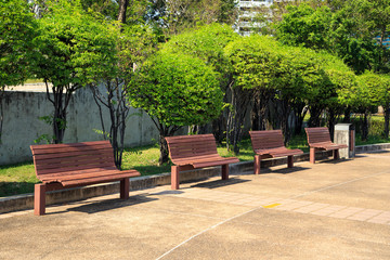 Wooden bench in city park.
