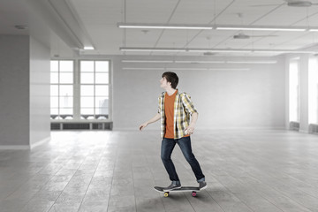 Boy ride skateboard . Mixed media