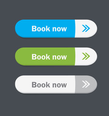 Set of vector web interface buttons. Book now.