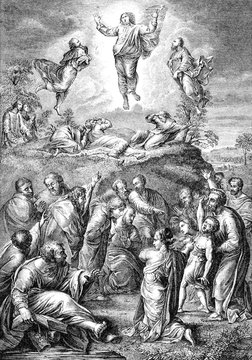 An engraved illustration image of Jesus Christ's resurrection Ascension into Heaven, from a vintage Victorian book dated 1883 that is no longer in copyright