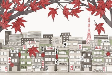 Fototapeta premium Tokyo in autumn - hand drawn colorful illustration of the city with red Japanese maple branches