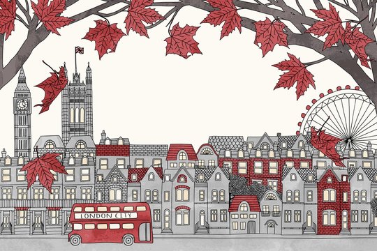 London in autumn - hand drawn colorful illustration of the city with red maple branches