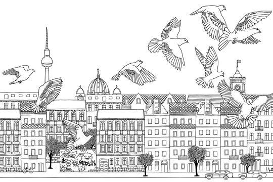 Berlin, Germany - hand drawn black and white cityscape with birds