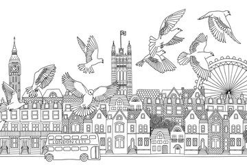 London, UK - hand drawn black and white cityscape with birds
