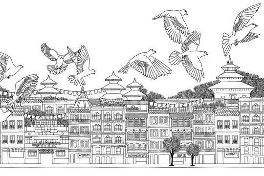 Kathmandu, Nepal - hand drawn black and white cityscape with birds