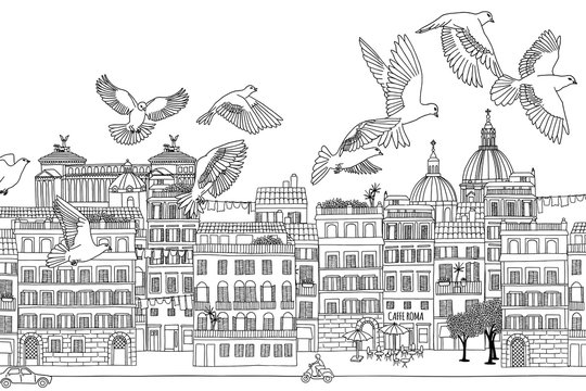 Fototapeta Rome, Italy - hand drawn black and white cityscape with birds