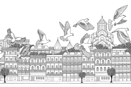 Tbilisi, Georgia - hand drawn black and white cityscape with birds