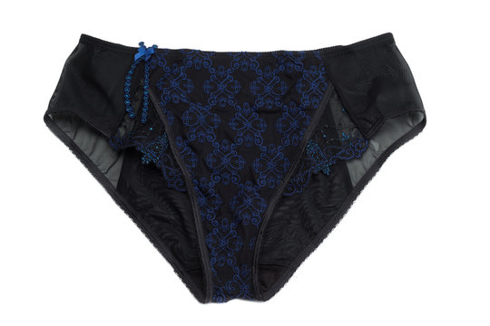 Blue with black lace panties.