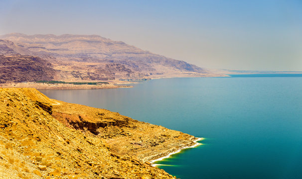 View of Dead Sea coastline in Jordan