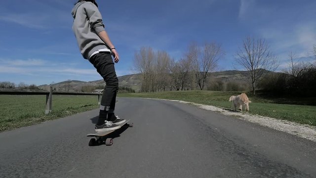 Dog running and two young men passing with the longboard