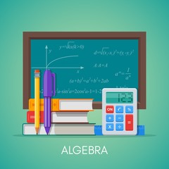 Algebra math science education concept vector poster in flat style design - obrazy, fototapety, plakaty