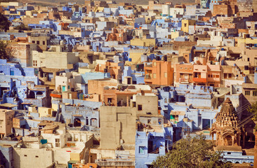 Yellow color and blue concrete constructions of historical city in India