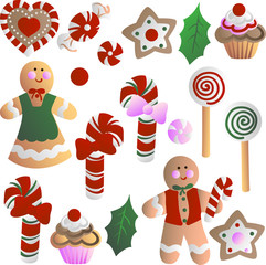 Fototapeta premium Christmas decorations - cookies in the form of men, cupcakes, stars, candy, sweets, heart, holly leaves. Hand drawn vector stock illustration