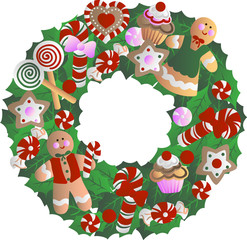 Holly wreath with Christmas decorations - cookies in the form of men, cupcakes, stars, candy, sweets, heart. Hand drawn vector stock illustration